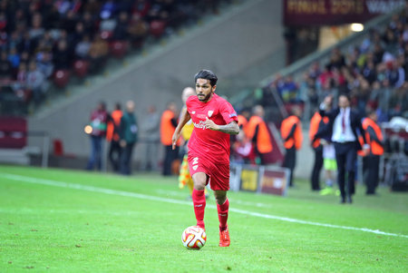 WARSAW, POLAND - MAY 27, 2015: Benoit Tremoulinas of FC Sevilla controls a ball during UEFA Europa League Final game against FC Dnipro at Warsaw National Stadiumのeditorial素材