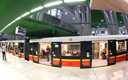 WARSAW, POLAND - MAY 27, 2015: Passengers Hall of Stadion Narodowy metro station in Warsaw. Station...