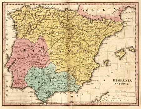 Detailed map of the Iberian Peninsula and the Balearic Isles at the time of the Roman Empire (Hispania Antiqua antea Iberia)のeditorial素材