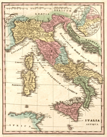 Ancient map of Italy at the time of the Roman Empire (Italia Antiqua)のeditorial素材