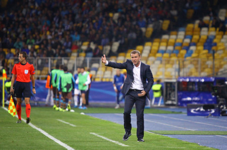 KYIV, UKRAINE - SEPTEMBER 16, 2015: FC Dynamo Kyiv manager Serhiy Rebrov in action during UEFA Champions League game against FC Porto at NSC Olimpiyskyi stadiumのeditorial素材
