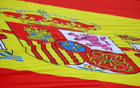 KYIV, UKRAINE - OCTOBER 12, 2015: Spain National flag on the grass of NSK Olimpiyskyi stadium before UEFA EURO 2016 Qualifying game between Ukraine and Spainのeditorial素材