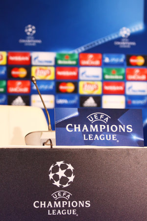 KYIV, UKRAINE - OCTOBER 19, 2015: Press Room details seen during press-conference before UEFA Champions League game FC Dynamo Kyiv vs FC Chelsea at NSC Olimpiyskyi stadiumのeditorial素材