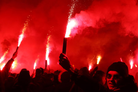 KYIV, UKRAINE - DECEMBER 9, 2015: FC Dynamo Kyiv ultras support their team on the road to NSC Olimpiyskyi stadium before UEFA Champions League game against Maccabi Tel-Avivのeditorial素材
