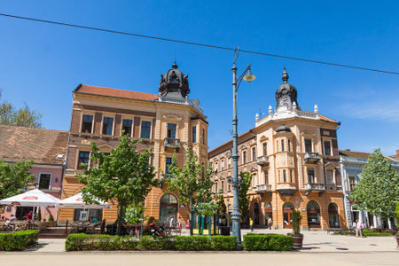 DEBRECEN, HUNGARY - APRIL 29, 2013: Market Street Hungarian: Piac utca, the major street in Debrecen city, Hungaryのeditorial素材