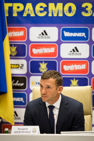 KYIV, UKRAINE - FEBRUARY 16, 2016: Assistant of Head coach of National Football team of Ukraine Andriy Shevchenko during press-conference at House of Football in Kyivのeditorial素材