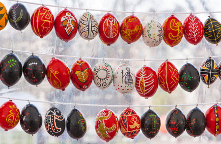 KYIV, UKRAINE - APRIL 16, 2015: Rows of mixed colored eggs during traditional Ukrainian Festival of Easter eggs Pysanka at the Saint Sophia National Sanctuary Complex in Kyiv, Ukraineのeditorial素材