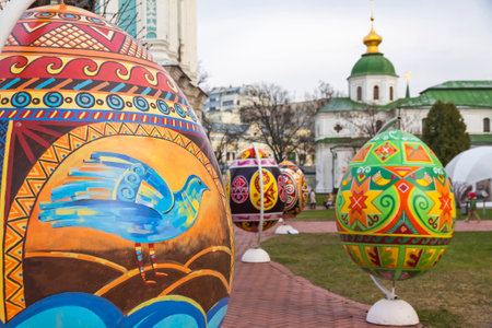KYIV, UKRAINE - APRIL 16, 2015: Traditional Ukrainian Festival of Easter eggs Pysanka at the Saint Sophia National Sanctuary Complex in Kyiv, Ukraineのeditorial素材