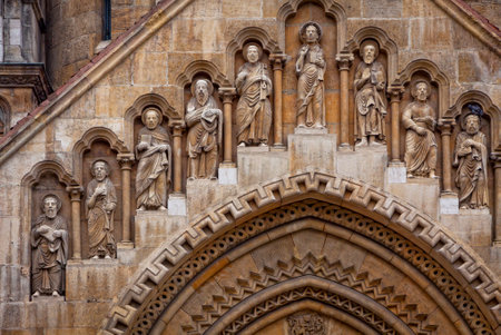 Religious sculptures on the facade of Jak Chapel near Vajdahunyad Castle in Budapest, Hungary