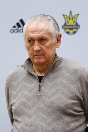 KYIV, UKRAINE - MARCH 9, 2016: Head coach of Ukraine National Team Mykhailo Fomenko looks on during...