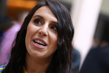 KYIV, UKRAINE - MARCH 9, 2016: Singer Jamala (who will represent Ukraine in Eurovision Song Contest 2016) during presentation of the New jerseys of the National Football Team of Ukraineのeditorial素材