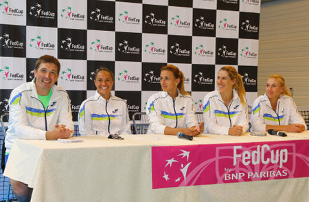 KYIV, UKRAINE - APRIL 17, 2016: Press-conference of Ukraine National Tennis Team after BNP Paribas FedCup match against Argentina at Campa Bucha Tennis Club in Kyiv, Ukraineのeditorial素材