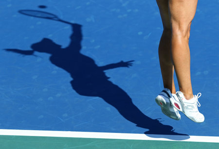 KYIV, UKRAINE - APRIL 17, 2016: Lesia Tsurenko of Ukraine serves during BNP Paribas FedCup World Group II Play-off game against Maria Irigoyen of Argentina at Campa Bucha Tennis Club in Kyiv, Ukraine