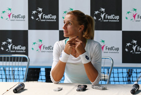 KYIV, UKRAINE - APRIL 17, 2016: Lesia Tsurenko of Ukraine on the press-conference after her BNP Paribas FedCup match against Maria Irigoyen of Argentina at Campa Bucha Tennis Club in Kyiv, Ukraineのeditorial素材