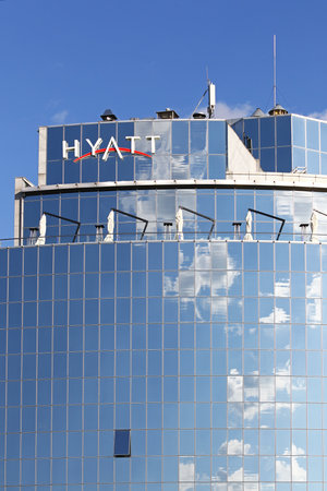 KYIV, UKRAINE - MAY 21, 2016: Hyatt brandmark on the rooftop of Hyatt Hotel building in the center of Kyiv city, Ukraineのeditorial素材