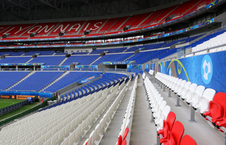 LYON, FRANCE - JUNE 15, 2016: Tribunes of Stade de Lyon during Open training session of Ukraine National Football Team before UEFA EURO 2016 game against N.Ireland. Lyon, Franceのeditorial素材