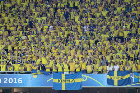 NICE, FRANCE - JUNE 22, 2016: Tribunes of Allianz Riviera Stade de Nice during UEFA EURO 2016 game Sweden v Belgiumのeditorial素材