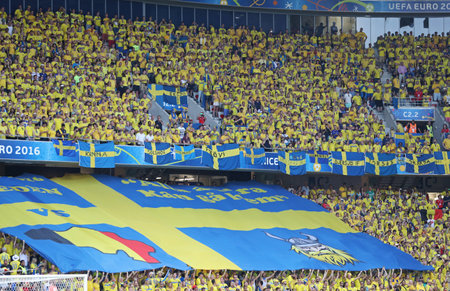 NICE, FRANCE - JUNE 22, 2016: Tribunes of Allianz Riviera Stade de Nice during UEFA EURO 2016 game Sweden v Belgiumのeditorial素材