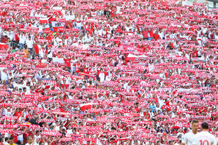 MARSEILLE, FRANCE - JUNE 21, 2016: Polish fans show their support during the UEFA EURO 2016 game Ukraine v Poland at Stade Velodrome in Marseille. Poland won 1-0のeditorial素材