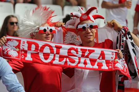 MARSEILLE, FRANCE - JUNE 21, 2016: Polish fans show their support during the UEFA EURO 2016 game Ukraine v Poland at Stade Velodrome in Marseille. Poland won 1-0のeditorial素材