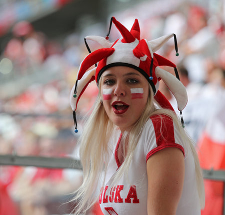 MARSEILLE, FRANCE - JUNE 21, 2016: Polish fan shows her support during the UEFA EURO 2016 game Ukraine v Poland at Stade Velodrome in Marseille. Poland won 1-0のeditorial素材