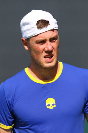 KYIV, UKRAINE - JULY 15, 2016: Close-up portrait of Illya MARCHENKO of Ukraine during BNP Paribas Davis Cup game against Gerald MELZER of Austria at Campa Bucha Tennis Club in Kyiv, Ukraineのeditorial素材