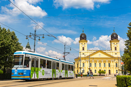 DEBRECEN, HUNGARY - JULY 1, 2016: Kossuth square with Protestant Great Church (Hungarian: Reformatus Nagytemplom) on the background in Debrecen city, Hungaryのeditorial素材