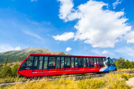 HIGH TATRAS, SLOVAKIA - AUGUST 28, 2015: Cable railway from Stary Smokovec to Hrebienok (1,285m). Hrebienok is a popular tourist destination and a starting point for many tourist trails in High Tatrasのeditorial素材