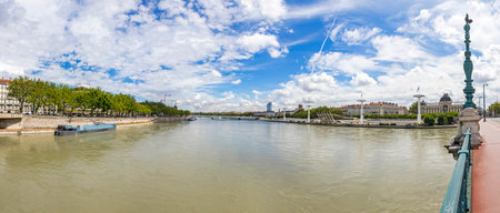 Panoramic view of Rhone river in sunny summer day. Lyon city, Auvergne-Rhone-Alpes region, Franceのeditorial素材