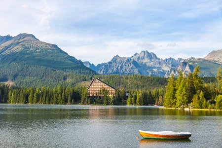 Majestic mountain lake Strbske pleso in National Park High Tatras, Slovakia. Evening summer viewのeditorial素材
