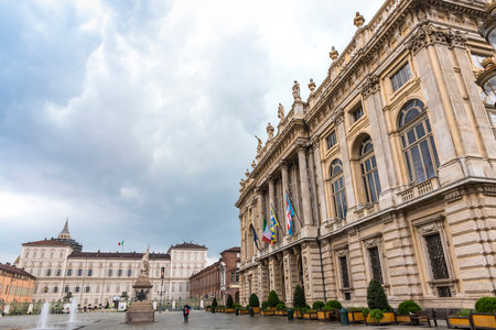 TURIN, ITALY - JUNE 14, 2016: Piazza Castello, a city square in Turin. It is lined with museums, theaters and cafes. Palazzo Madama on the rightのeditorial素材