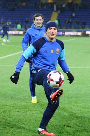 Kharkiv, Ukraine - November 15, 2016: Yevhen Konoplyanka of Ukraine warms up before the Friendly match against Serbia at Metalist stadium in Kharkiv, Ukraineのeditorial素材