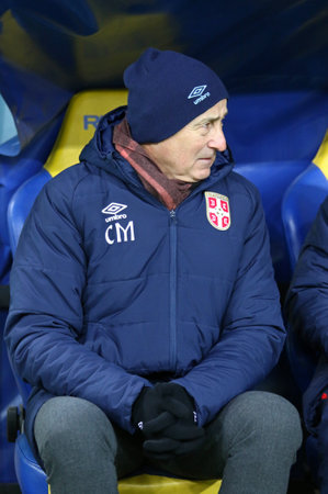 Kharkiv, Ukraine - November 15, 2016: Head coach of Serbia National football team Slavoljub Muslin looks on during the Friendly match against Ukraine at Metalist stadium in Kharkiv, Ukraineのeditorial素材