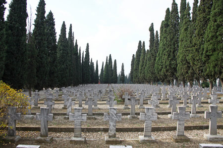 THESSALONIKI, GREECE - NOVEMBER 26, 2012: Zeitenlik, the Allied military cemetery and World War I memorial park. Contains the graves of the Serbian, French, British, Italian and Russian soldiers, who died in the battles on the Salonika frontのeditorial素材