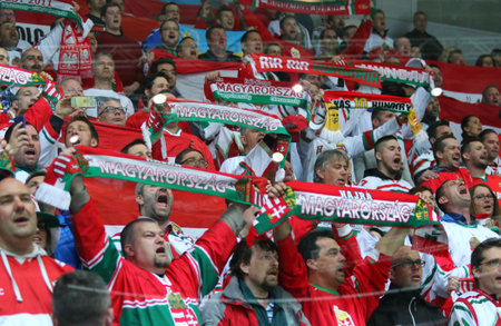 KYIV, UKRAINE - APRIL 22, 2017: Hungarian fans show their support during IIHF 2017 Ice Hockey World Championship Div 1 Group A game against Ukraine at Palace of Sports in Kyiv, Ukraineのeditorial素材
