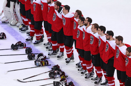 KYIV, UKRAINE - APRIL 27, 2017: Team of Austria listen to National anthem after the IIHF 2017 Ice Hockey World Championship Div 1 Group A game against South Korea at Palace of Sports in Kyiv, Ukraineのeditorial素材