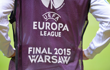 WARSAW, POLAND - MAY 27, 2015: Shirtfront with Europa League logo on the player during Training session before the UEFA Europa League Final game Dnipro vs Sevilla at Stadion Narodowy in Warsawのeditorial素材
