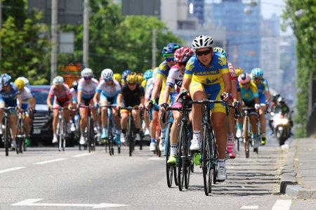 KYIV, UKRAINE - MAY 27, 2017: Women Cyclists ride on the streets of Kyiv city during Horizon Park Race Women Challenge. The Winner of the Race is Alzbeta PAVLENDOVA (SLOVAKIA NATIONAL TEAM)のeditorial素材