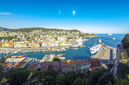 Aerial View on Port of Nice and Luxury Yachts, French Riviera, Franceのeditorial素材
