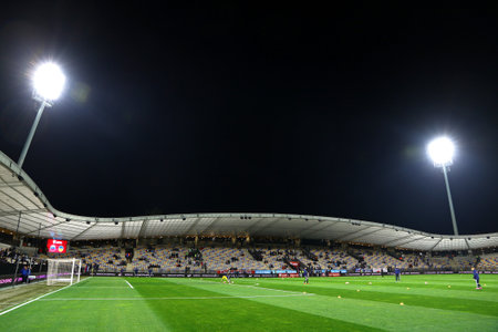 MARIBOR, SLOVENIA - NOVEMBER 17, 2015: Panoramic view of Stadion Ljudski vrt in Maribor, Slovenia before the UEFA EURO 2016 Play-off for Final Tournament game between Slovenia and Ukraineのeditorial素材