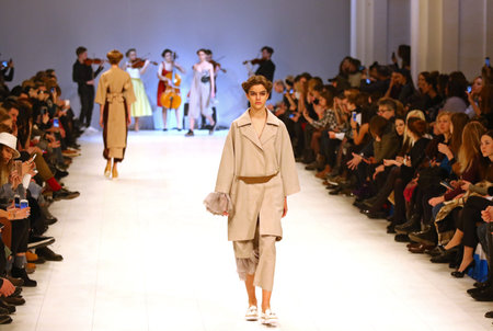 KYIV, UKRAINE - FEBRUARY 7, 2017: Models present a creation by designer Maryna RYBALKO during 40th Ukrainian Fashion Week season Autumn/Winter 2017/18 at Mystetskyi Arsenal in Kyiv, Ukraineのeditorial素材