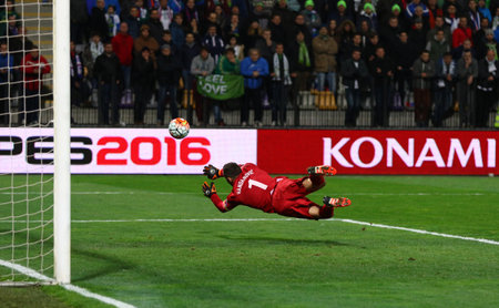 MARIBOR, SLOVENIA - NOVEMBER 17, 2015: Goalkeeper Samir Handanovic of Slovenia in action during UEFA EURO 2016 Play-off for Final Tournament game against Ukraine at Stadion Ljudski vrt in Mariborのeditorial素材