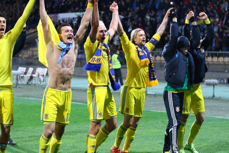 MARIBOR, SLOVENIA - NOVEMBER 17, 2015: Ukrainian footballers thank fans after won UEFA EURO 2016 Play-off for Final Tournament game against Slovenia at Stadion Ljudski vrt in Maribor, Sloveniaのeditorial素材