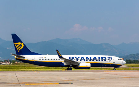BERGAMO, ITALY - JUNE 12, 2017: Boeing 737-8AS (reg. number EI-FON), operated by RyanAir on the runway of Bergamo Orio al Serio Airport (BGY). Ryanair is an Irish low-cost airline founded in 1984のeditorial素材