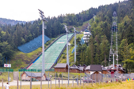 ZAKOPANE, POLAND - AUG 3, 2015: Wielka Krokiew (The Great Krokiew), ski jumping venue on the slope of Krokiew mountain (1378 m) in Zakopane. It is a regular venue in the FIS Ski jumping World Cupのeditorial素材