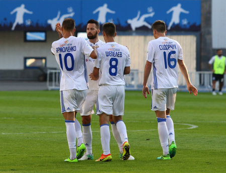 KYIV, UKRAINE - JULY 18, 2017: FC Dynamo Kyiv players celebrate a goal during Ukrainian Premier League game against FC Chornomorets Odesa at Valeriy Lobanovskyi stadium in Kyiv, Ukraineのeditorial素材