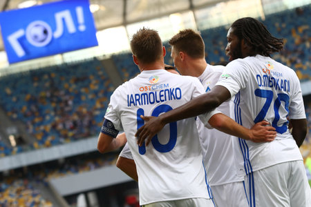 KYIV, UKRAINE - JULY 26, 2017: FC Dynamo Kyiv players celebrate after scored a goal during UEFA Champions League 3rd qualifying round game against Young Boys at NSC Olimpiyskyi stadium in Kyivのeditorial素材