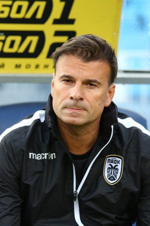 KYIV, UKRAINE - JULY 27, 2017: PAOK manager Aleksandar Stanojevic looks on during UEFA Europa League 3rd qualifying round game against Olimpik Donetsk at Valeriy Lobanovskyi stadium in Kyiv, Ukraineのeditorial素材
