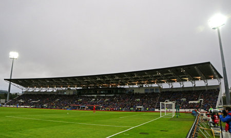 REYKJAVIK, ICELAND - SEPTEMBER 5, 2017: Panoramic view of Laugardalsvollur stadium during FIFA World Cup 2018 qualifying game Iceland v Ukraine in Reykjavik, Iceland. Iceland won 2-0のeditorial素材