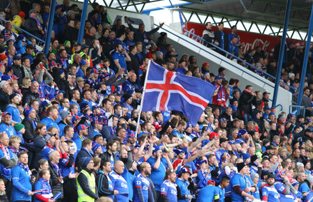 REYKJAVIK, ICELAND - SEPTEMBER 5, 2017: Iceland National Team supporters show their support during FIFA World Cup 2018 qualifying game Iceland v Ukraine at Laugardalsvollur stadium in Reykjavikのeditorial素材